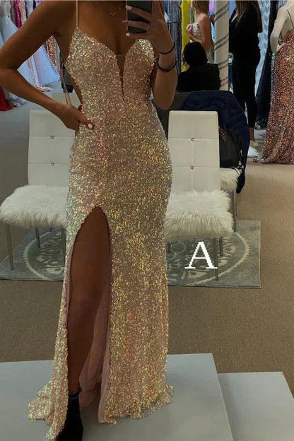 Spaghetti Straps Mermaid Prom Dresses, Sparkly Sequins Slit Long Prom Gowns