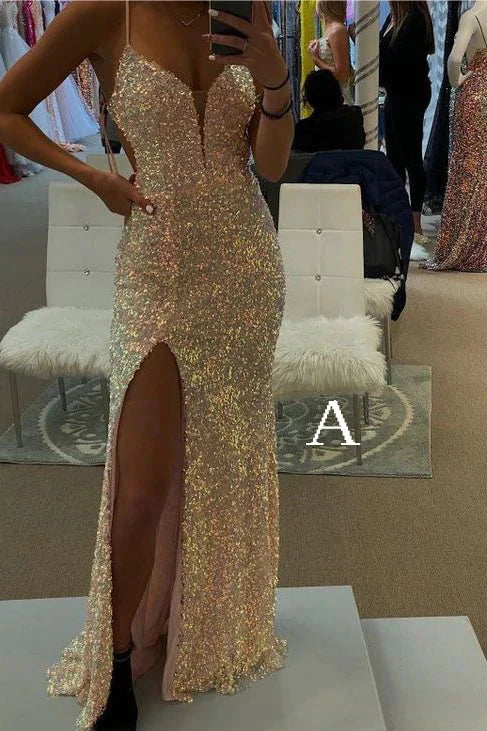 Spaghetti Straps Mermaid Prom Dresses, Sparkly Sequins Slit Long Prom Gowns