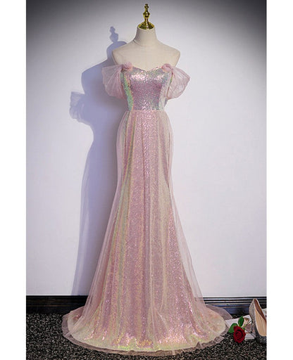 Sparkling powder blusher pink sequins off shoulder short sleeve evening dress powder blusher pink trumpet/mermaid open back zipper sweep tail prom dress