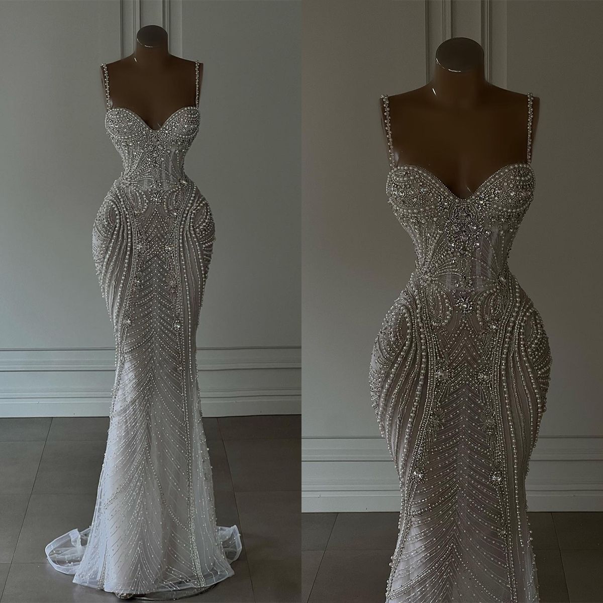Sparkly Mermaid Spaghetti Straps White Sequin Beaded Wedding Dress Long Bridal Gowns Wedding Dresses