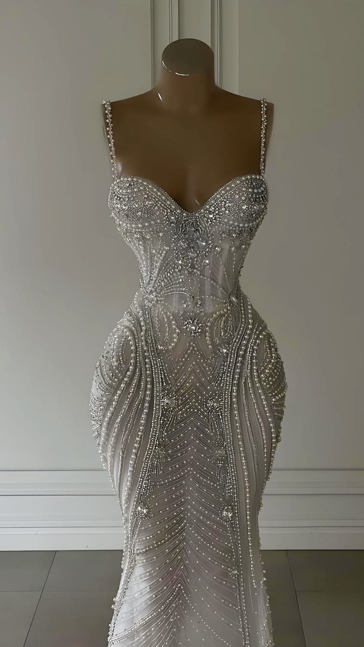 Sparkly Mermaid Spaghetti Straps White Sequin Beaded Wedding Dress Long Bridal Gowns Wedding Dresses