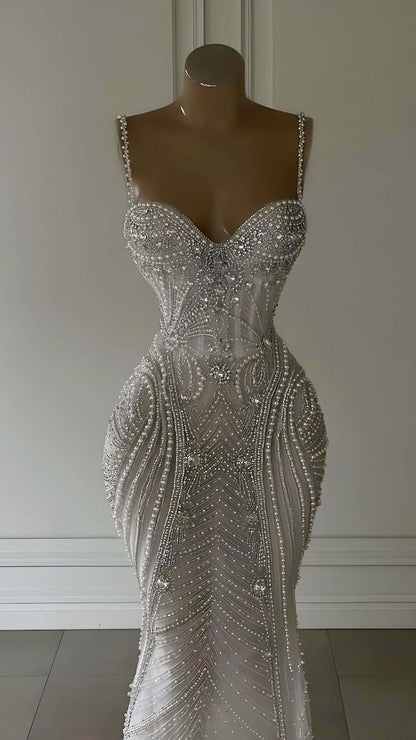 Sparkly Mermaid Spaghetti Straps White Sequin Beaded Wedding Dress Long Bridal Gowns Wedding Dresses