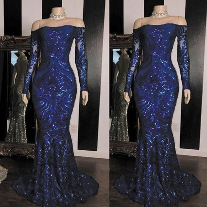 Sparkly Sequined Mermaid Prom Dress Royal Blue Long Sleeve Graduation Prom Dresses Prom Gown