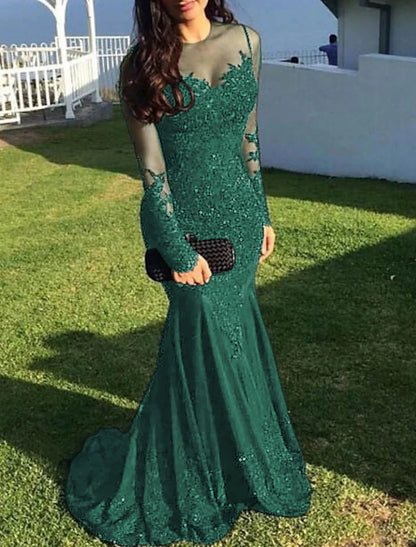 Mermaid Black Dress Evening Gown Sequin Prom Dress Sparkle Formal Gown Sweep / Brush Train Long Sleeve Illusion Neck Lace with Appliques 2025