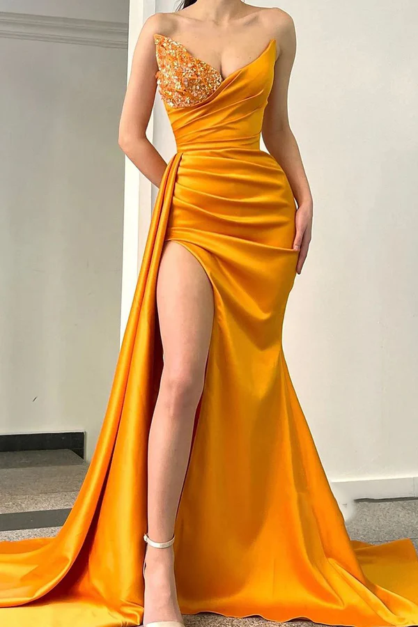Sexy V-neck beaded satin pleated high slit long ball evening dress
