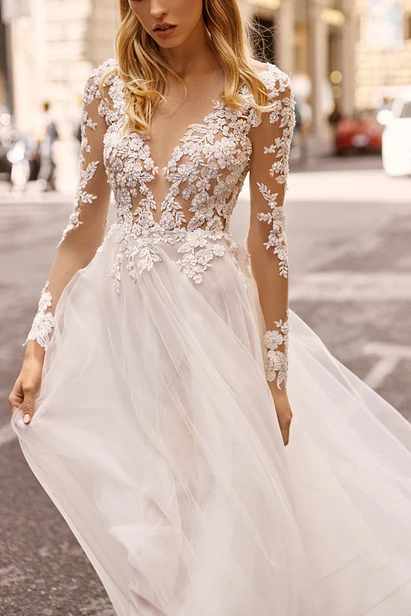 A-line illusion V-neck lace long sleeved Bohemian style slit wedding dress