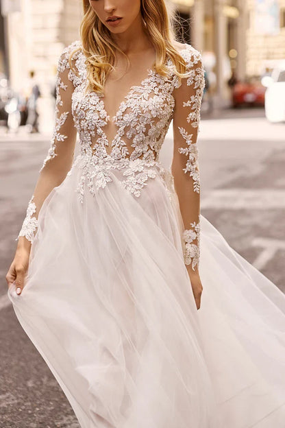 A-line illusion V-neck lace long sleeved Bohemian style slit wedding dress