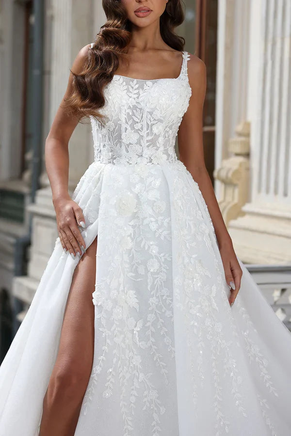 A-line Square Neck Lace Applique High Split Palace Trail Countryside Style Wedding Dress