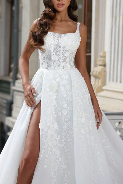 A-line Square Neck Lace Applique High Split Palace Trail Countryside Style Wedding Dress