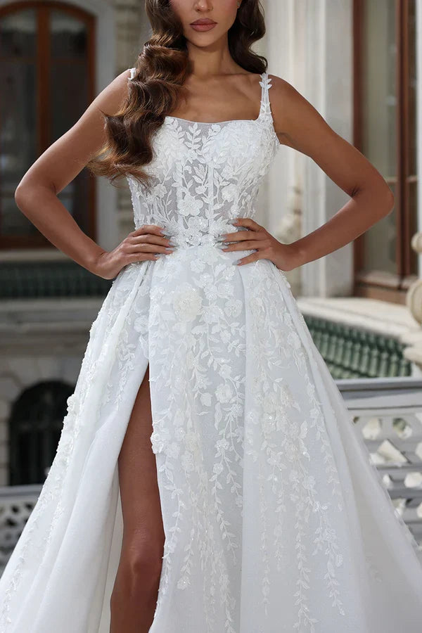 A-line Square Neck Lace Applique High Split Palace Trail Countryside Style Wedding Dress