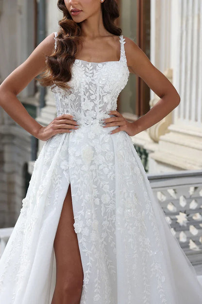 A-line Square Neck Lace Applique High Split Palace Trail Countryside Style Wedding Dress