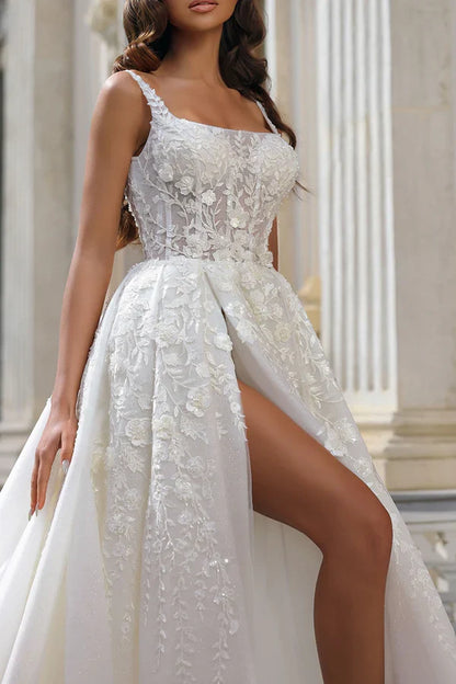 A-line Square Neck Lace Applique High Split Palace Trail Countryside Style Wedding Dress