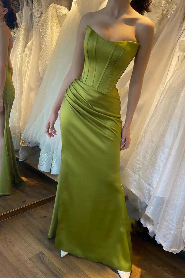Sheath/column shoulder strap pleated long green formal evening dress