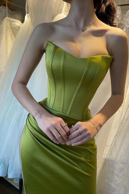 Sheath/column shoulder strap pleated long green formal evening dress