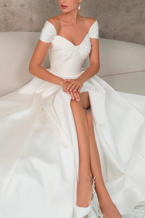 A-shaped Sweetheart Small Hat Sleeve Split Beach Wedding Dress