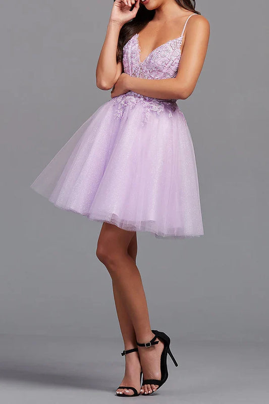A-line V-neck lace sticker cute short Homecoming dress