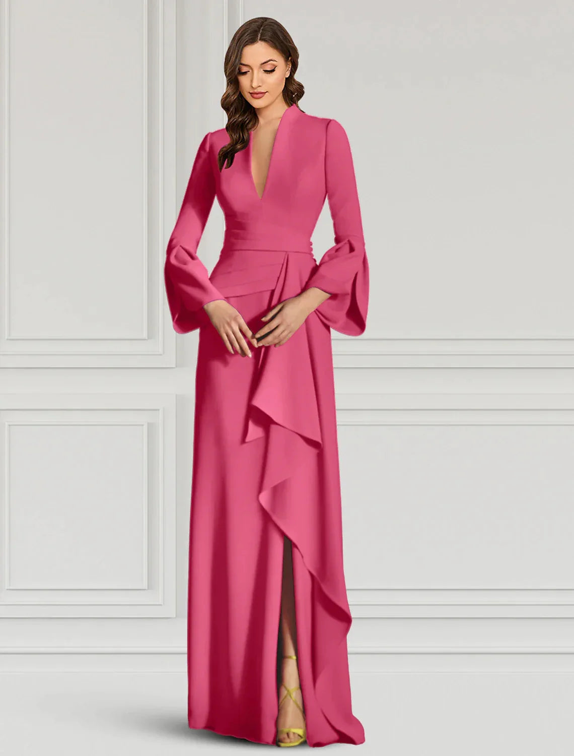 heath Evening Gown Elegant Black Dress Formal Cocktail Party Dress Floor Length Long Sleeve V Neck Fall Wedding Guest Fabric with Ruffles