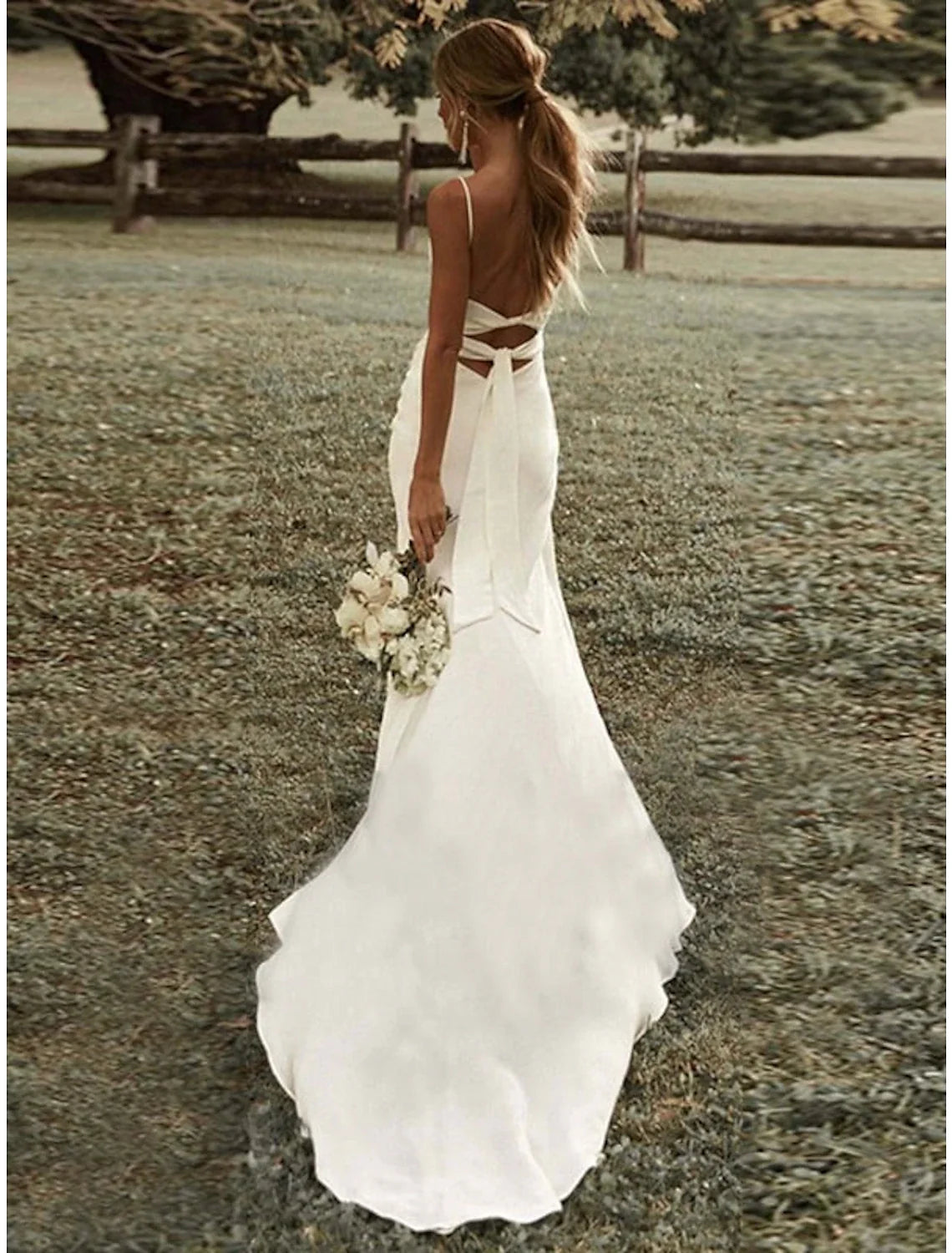 Beach Sexy Casual Wedding Dresses Sheath / Column Square Camisole Spaghetti Strap Sweep / Brush Train Fabric Bridal Gowns With Ruched Split Front