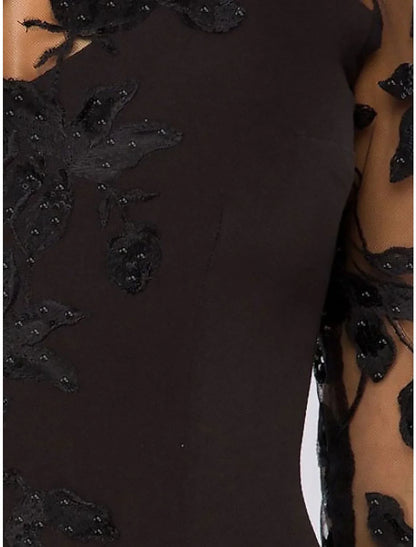 Mermaid Evening Gown Elegant Black Dress Wedding Guest Fall Floor Length 3/4 Length Sleeve Jewel Neck Satin with Bow(s) Beading Appliques 2026