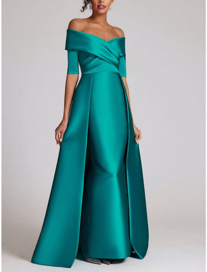 Sheath / Column Evening Gown Elegant Dress Formal Sweep / Brush Train Half Sleeve Off Shoulder Satin with Ruched 2026