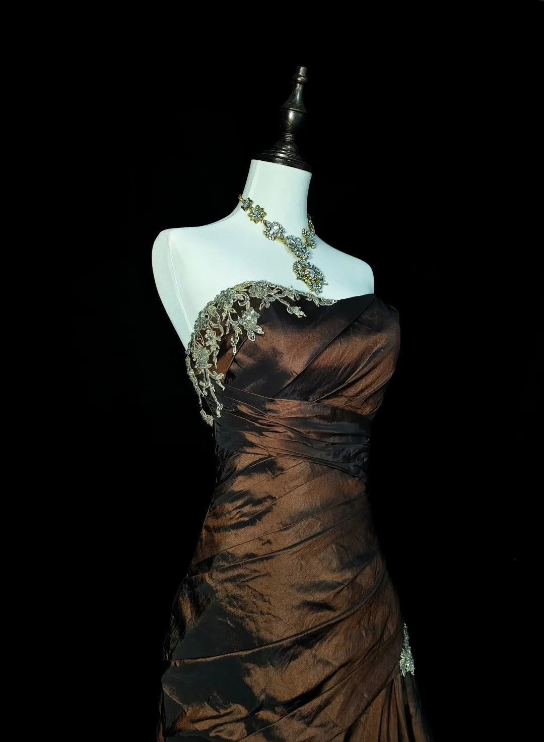 Strapless Brown Vintage Prom Dresses, Sleeveless Long Prom Gown