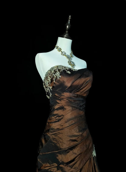 Strapless Brown Vintage Prom Dresses, Sleeveless Long Prom Gown