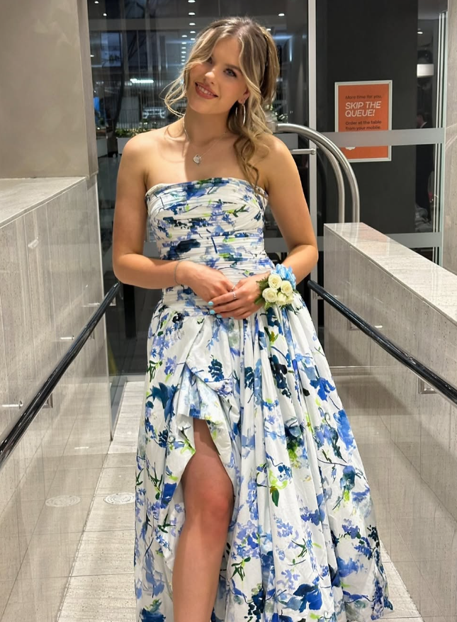 Strapless Print Floral Long Prom Dresses Prom Gowns