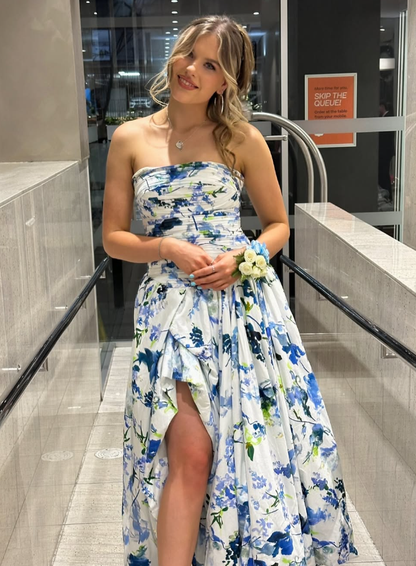 Strapless Print Floral Long Prom Dresses Prom Gowns