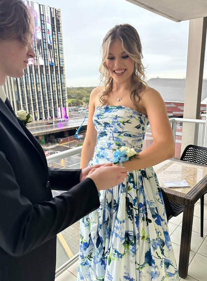 Strapless Print Floral Long Prom Dresses Prom Gowns