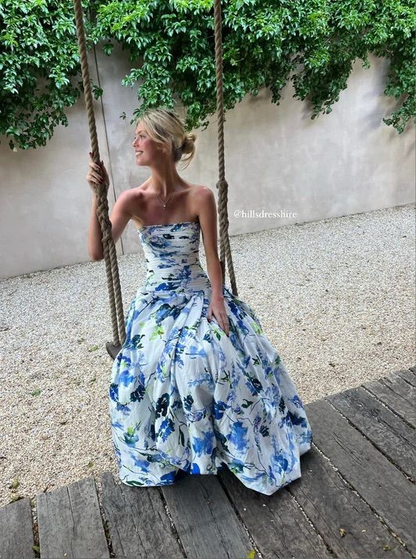 Strapless Print Floral Long Prom Dresses Prom Gowns
