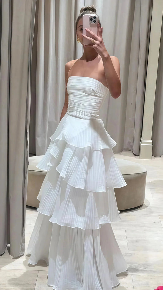 Strapless White Pleated Layers Long Prom Dresses Sleeveless Prom Gowns