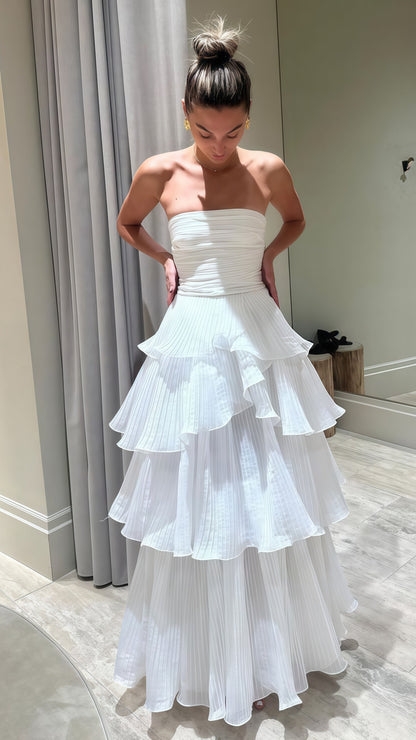 Strapless White Pleated Layers Long Prom Dresses Sleeveless Prom Gowns