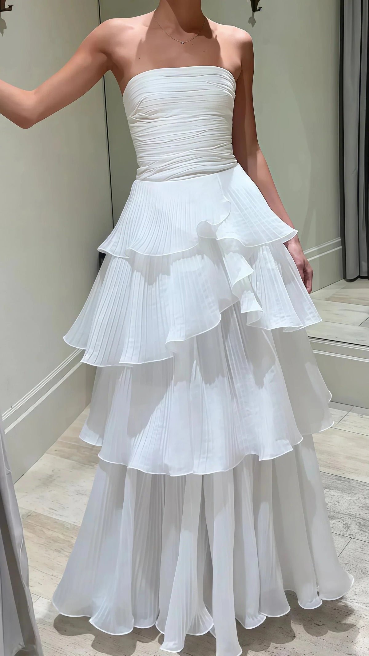 Strapless White Pleated Layers Long Prom Dresses Sleeveless Prom Gowns