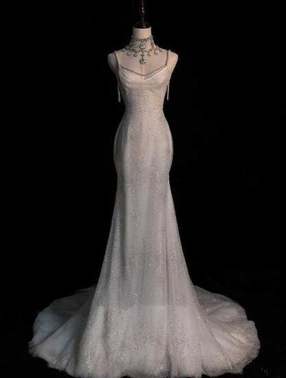 Stunning White Backless Mermaid Shiny Prom Gowns Wedding Dresses