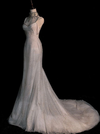 Stunning White Backless Mermaid Shiny Prom Gowns Wedding Dresses