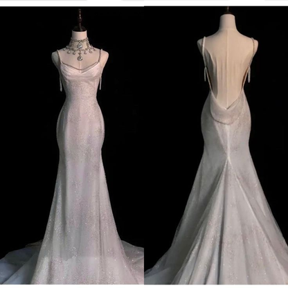 Stunning White Backless Mermaid Shiny Prom Gowns Wedding Dresses