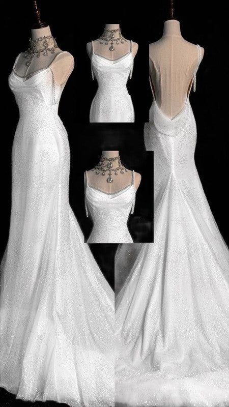 Stunning White Backless Mermaid Shiny Prom Gowns Wedding Dresses