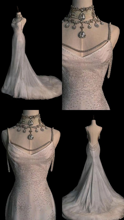 Stunning White Backless Mermaid Shiny Prom Gowns Wedding Dresses