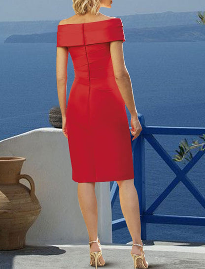 Sheath / Column Cocktail Dresses Elegant Dress Wedding Guest WorkWear Knee Length Short Sleeve Off Shoulder Fabric with Appliques 2026