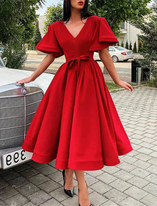 A-Line Cocktail Party Dress Christmas Red Green Dress Elegant Dress Wedding Guest Fall Tea Length Short Sleeve V Neck Satin with Pleats Strappy