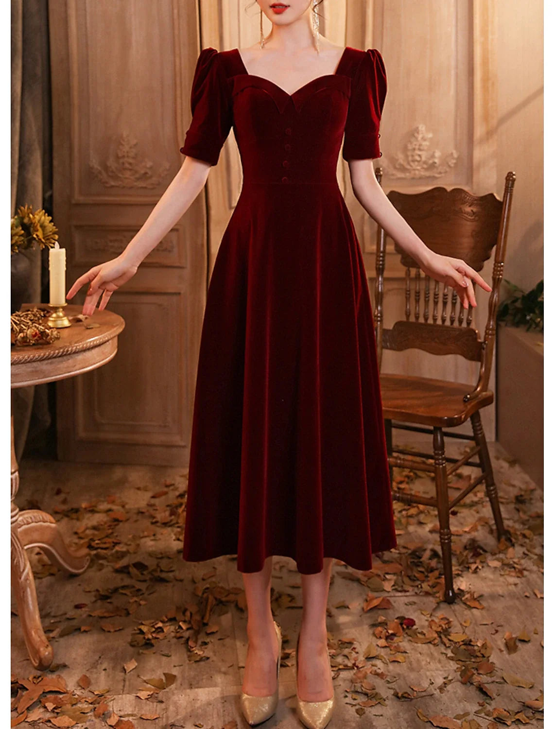 A-Line Cocktail Dresses Elegant Dress Wedding Guest Homecoming Tea Length Half Sleeve Scoop Neck Velvet with Buttons