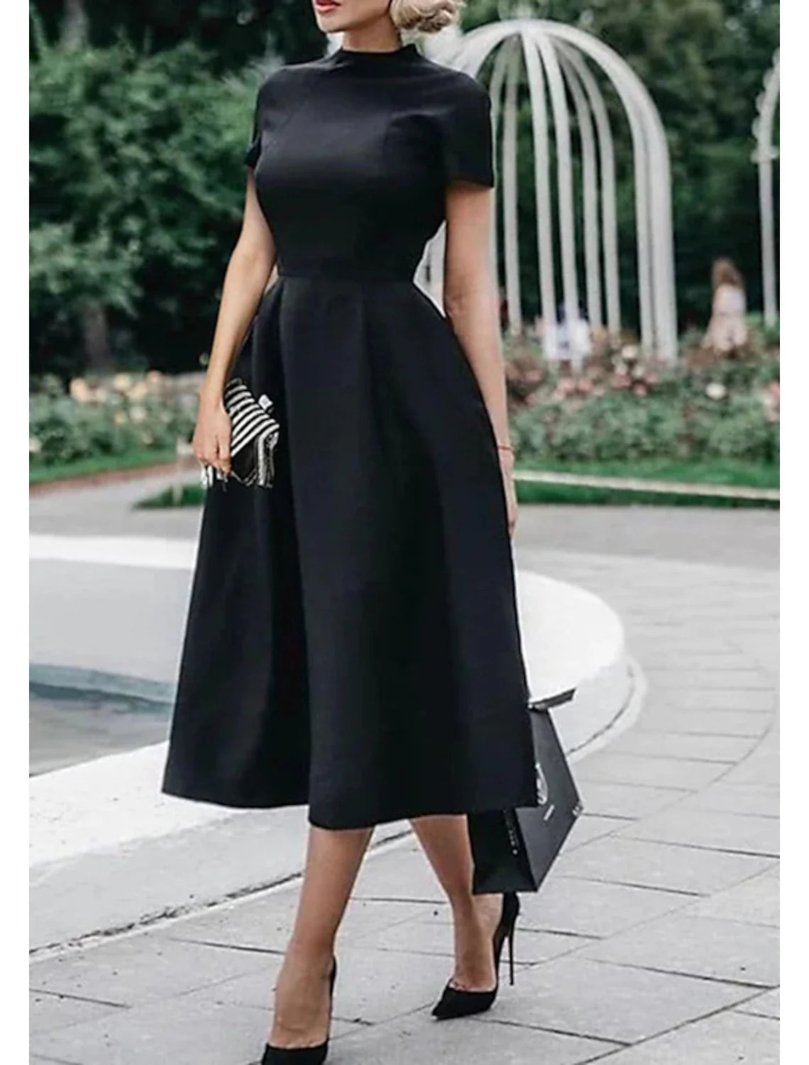 A-Line Wedding Guest Dresses Minimalist Dress Party Dress Wedding Party Tea Length Short Sleeve High Neck Satin with Pleats Pure Color