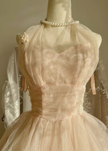 Sweet Pink Halter Neck Tulle Long Ball Gown Evening Dresses