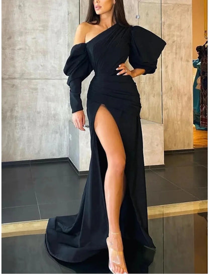 A-Line Evening Gown Elegant Dress Formal Sweep / Brush Train Black Dress Long Sleeve One Shoulder Satin with Pleats Ruched Slit 2026