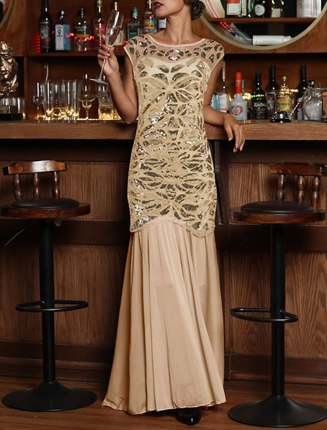 A-Line Party Dresses Cut Out Dress Wedding Guest Birthday Floor Length Sleeveless Jewel Neck Sequined with Sequin