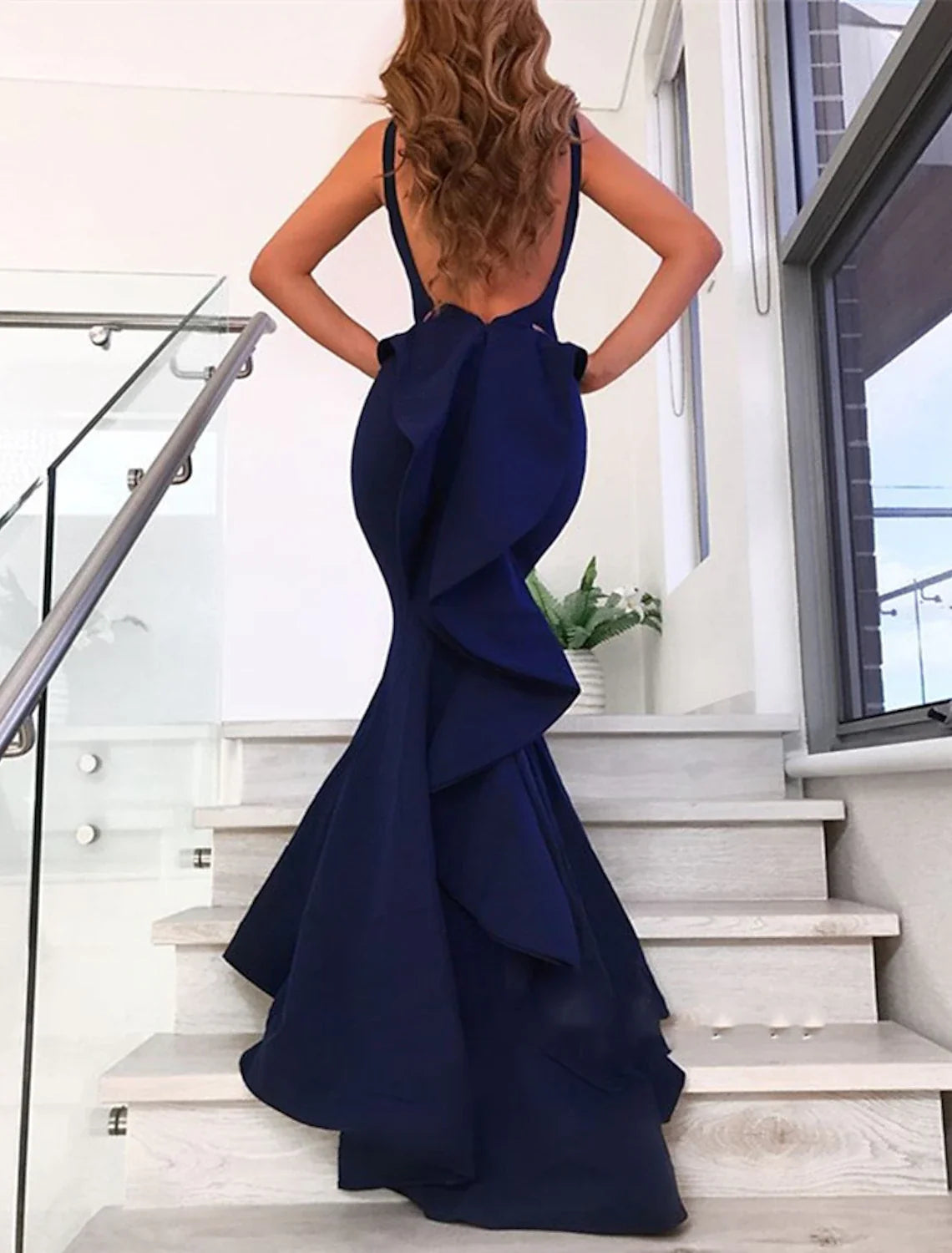 Mermaid / Trumpet Evening Gown Open Back Dress Formal Wedding Guest Court Train Sleeveless V Neck Fabric with Bow(s) Ruffles 2026