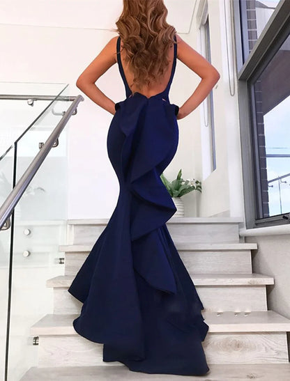 Mermaid / Trumpet Evening Gown Open Back Dress Formal Wedding Guest Court Train Sleeveless V Neck Fabric with Bow(s) Ruffles 2026