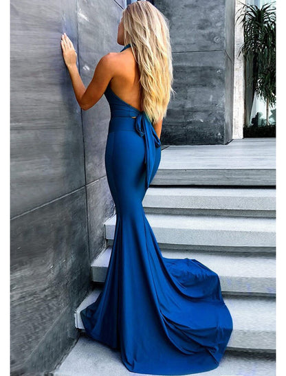 Mermaid / Trumpet Evening Gown Empire Dress Prom Wedding Party Court Train Sleeveless V Neck Fabric with Pleats
