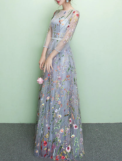 A-Line Prom Dresses Floral Dress Party Wear Wedding Guest Floor Length 3/4 Length Sleeve Jewel Neck Lace with Embroidery