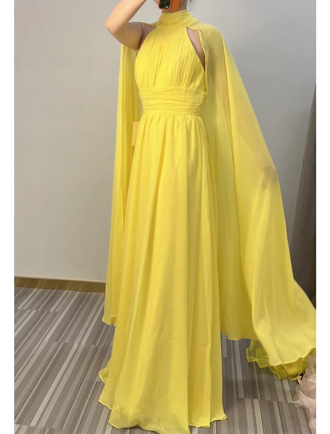 A-Line Evening Gown Elegant Dress Formal Wedding Guest Floor Length Sleeveless High Neck Capes Chiffon with Ruched